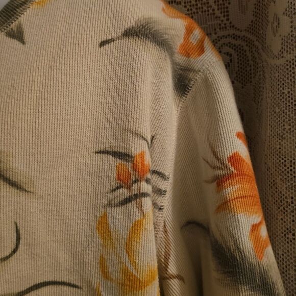 Caribbean Joe Women's L Tropical Peach Yellow Floral Boxy Crop 3/4 Sleeve Top - Picture 4 of 10